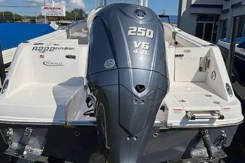 Slide: The Image of 2022 Robalo R222 Explorer boat with 250 V6 engine, rear view. - 35