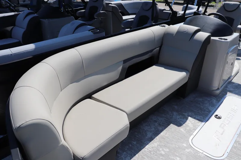 Slide: The Image of 2025 Flagship Discover 22 RF boat interior with luxurious seating and modern design. - 2