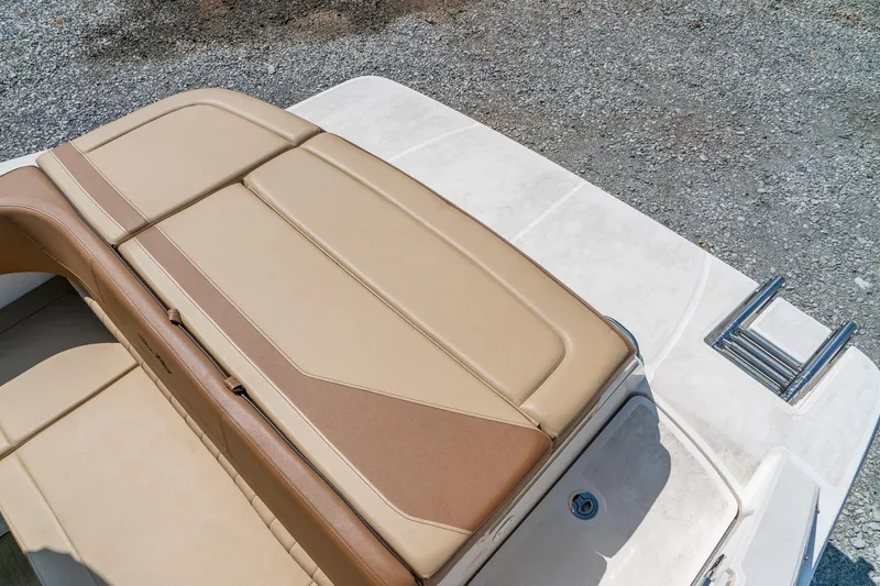 Slide: The Image of 2018 Sea Ray SPX 210 boat with tan seating and swim platform ladder. - 10