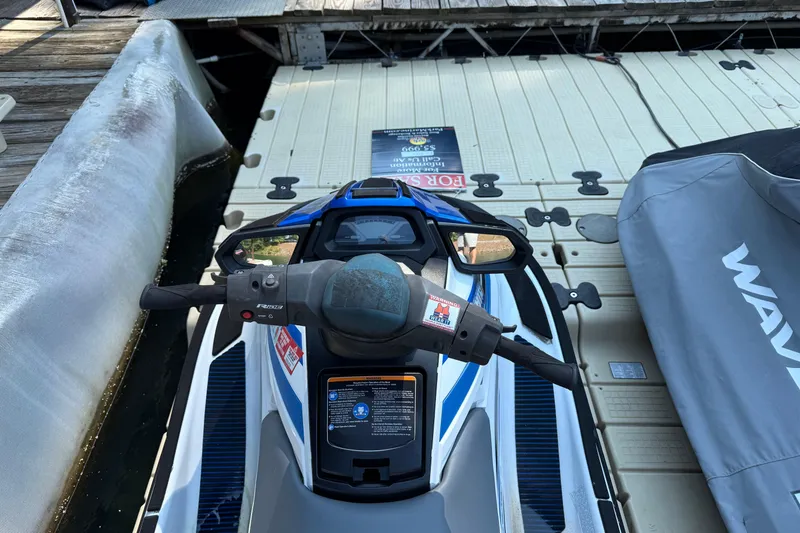 Slide: The Image of 2020 Yamaha WaveRunner VX on dock, handlebars view, with "For Sale" sign. - 5
