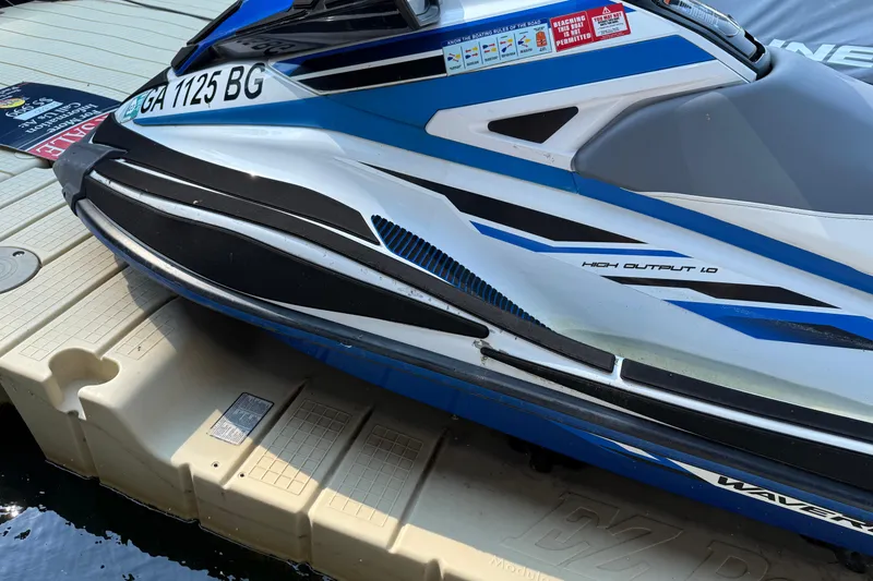 Slide: The Image of 2020 Yamaha WaveRunner VX jet ski docked on a floating platform. - 8
