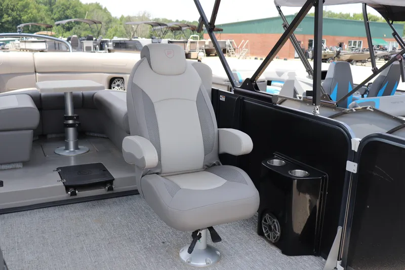 Slide: The Image of Luxurious seating on the 2024 Premier 250 Solaris Rev pontoon boat, showcasing comfort and style. - 4