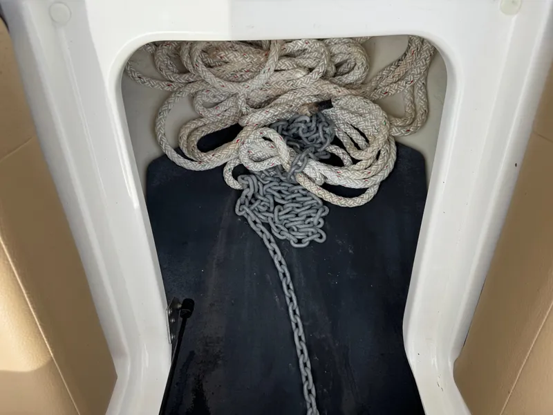 Slide: The Image of Rope and chain storage in 2022 Sea Ray SLX 310 boat compartment. - 40