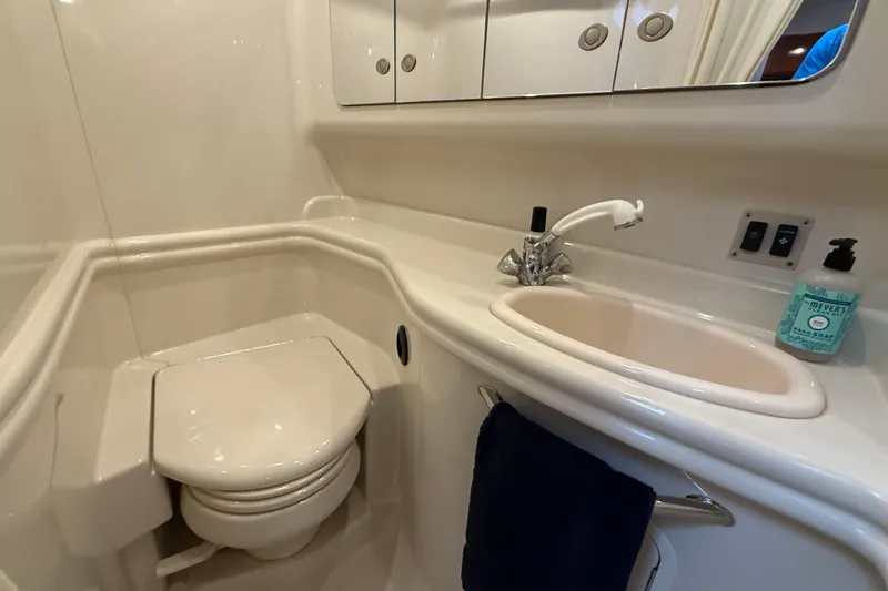 Slide: The Image of 2006 Sea Ray 340 Sundancer bathroom with sink, toilet, and mirror cabinet. - 14