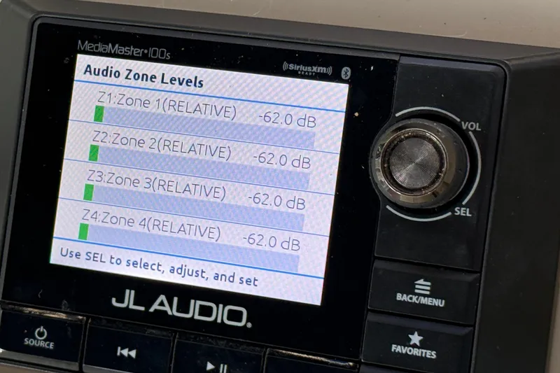 Slide: The Image of JL Audio MediaMaster 100s displaying audio zone levels on a 2006 Sea Ray 340 Sundancer. - 19