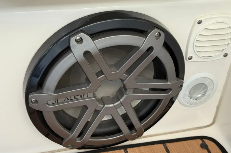 Slide: The Image of JL Audio speaker on 2006 Sea Ray 340 Sundancer boat, close-up view. - 22