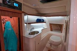 Slide: The Image of 2026 Grady-White Freedom 325 boat interior with modern bathroom amenities. - 15
