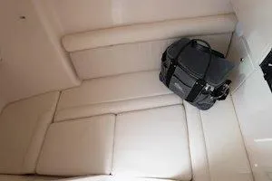 Slide: The Image of 2026 Grady-White Freedom 325 interior with cushioned seating and a black bag. - 16