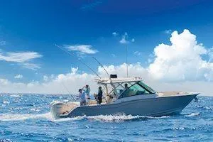 Slide: The Image of 2026 Grady-White Freedom 325 boat cruising on open ocean under clear blue sky. - 5