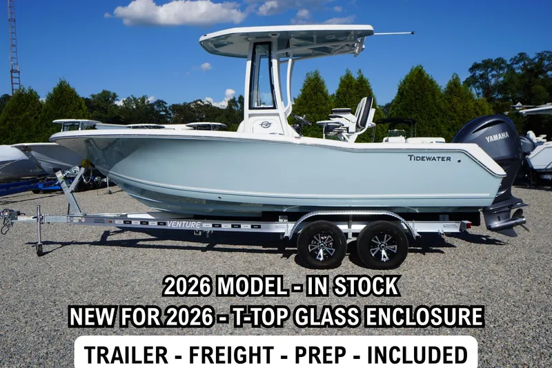 The Image of 2026 Tidewater 220 LXF boat with T-Top glass enclosure on trailer, Jim's Marine. - 0