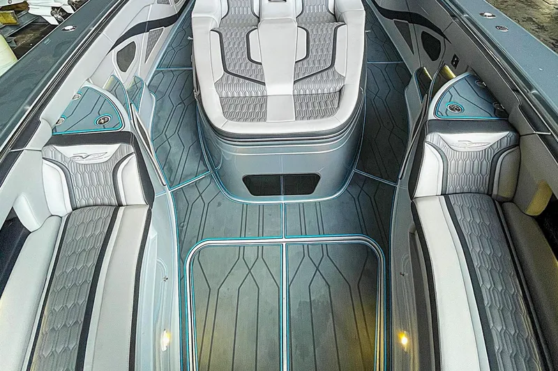 Slide: The Image of Luxurious interior of 2022 MTI V50 boat with sleek seating and modern design. - 5