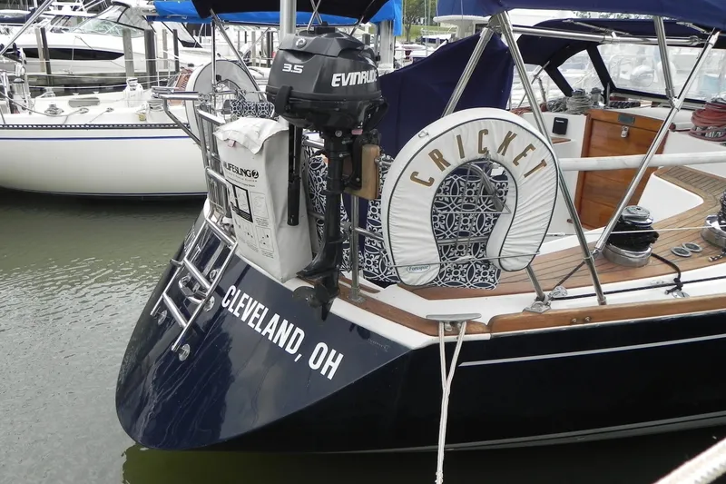 Slide: The Image of 1988 Tartan 40 sailboat named "Cricket" docked in Cleveland, Ohio marina. - 5