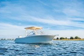 Slide: The Image of 2026 Grady-White Freedom 235 boat on calm water under blue sky. - 7