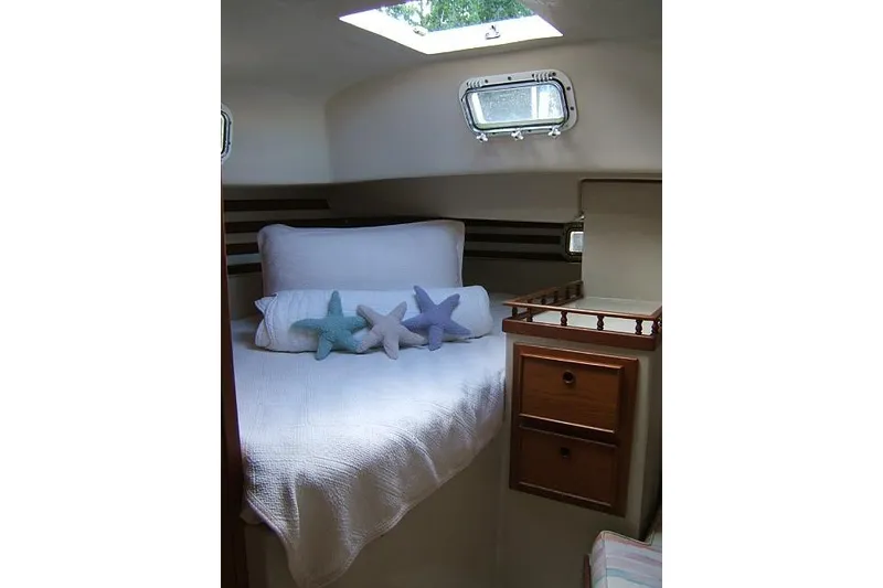 Slide: The Image of Cozy cabin interior of 1977 Irwin 37 Mark III sailboat with starfish pillows. - 43