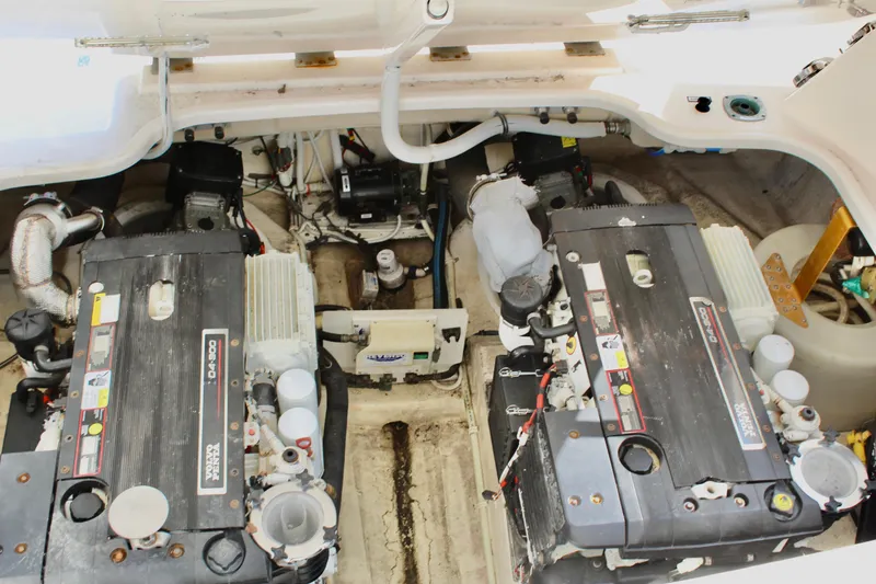Slide: The Image of Engine compartment of 2008 Tiara Yachts 3500 Sovran, featuring dual Volvo Penta engines. - 47
