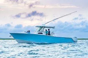 Slide: The Image of 2026 Grady-White Canyon 306 boat cruising on open water under a cloudy sky. - 6