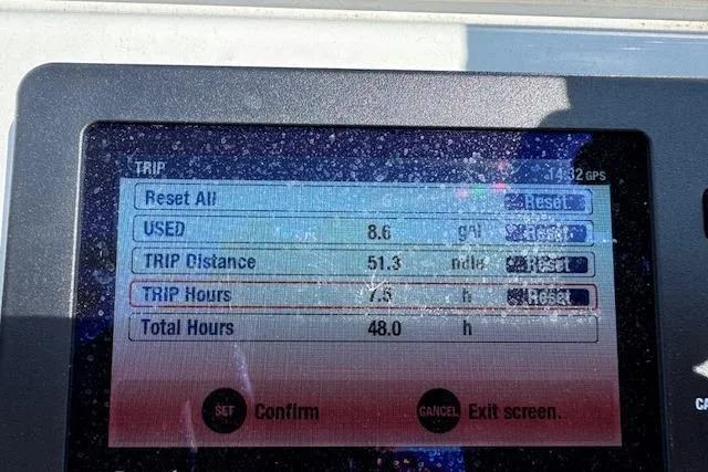 Slide: The Image of Display screen showing trip data: fuel used, distance, hours for 2024 Beavertail Skiffs Vengeance. - 3