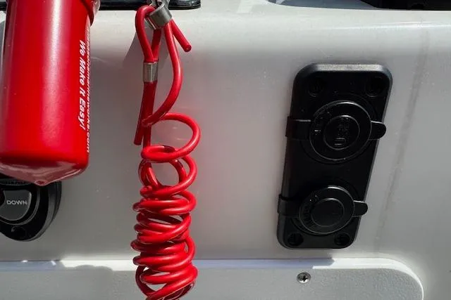 Slide: The Image of 2024 Beavertail Skiffs Vengeance boat dashboard with red safety cord and switches. - 6