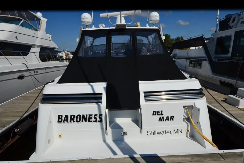 Slide: The Image of 1991 Baron 43-E yacht "Baroness" docked in Stillwater, MN marina. - 2