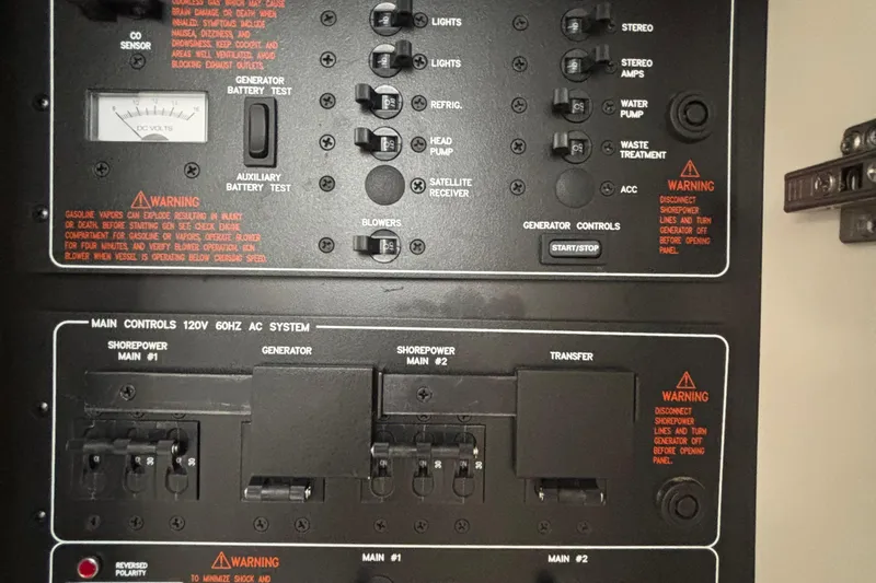 Slide: The Image of Control panel of a 2017 Formula 37 Performance Cruiser with various switches and warnings. - 56