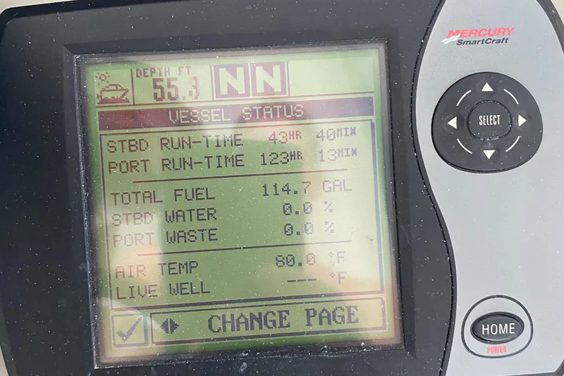 Slide: The Image of Mercury SmartCraft display on 2007 Sea Ray 38 Sundancer showing vessel status and fuel data. - 7