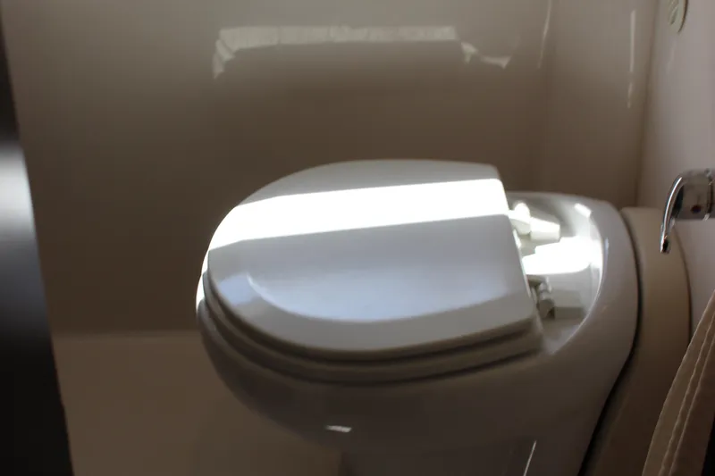 Slide: The Image of Toilet in 2014 Regal 32 Express boat bathroom, with sunlight highlighting the seat. - 28