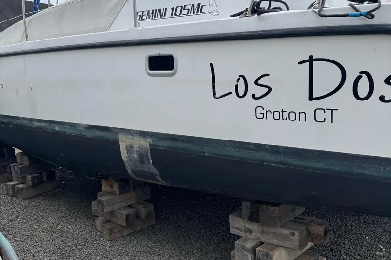 Slide: The Image of 2008 Gemini 105Mc sailboat "Los Dos" on blocks, Groton CT. - 2