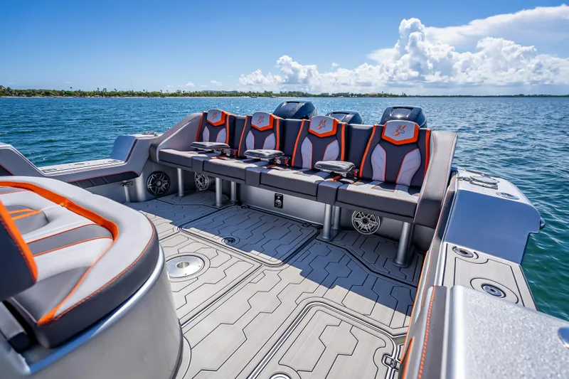 Slide: The Image of 2012 Yellowfin 39 boat interior with stylish seating on open water. - 41
