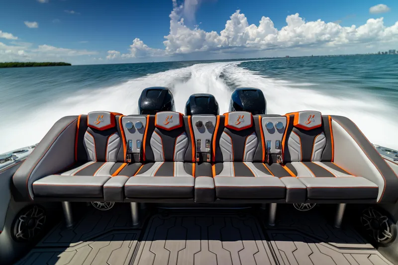 Slide: The Image of 2012 Yellowfin 39 boat with stylish seating, cruising on open water under a clear sky. - 5