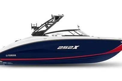 Slide: The Image of 2025 Yamaha Boats 252XE, sleek blue and white design with red accents. - 48