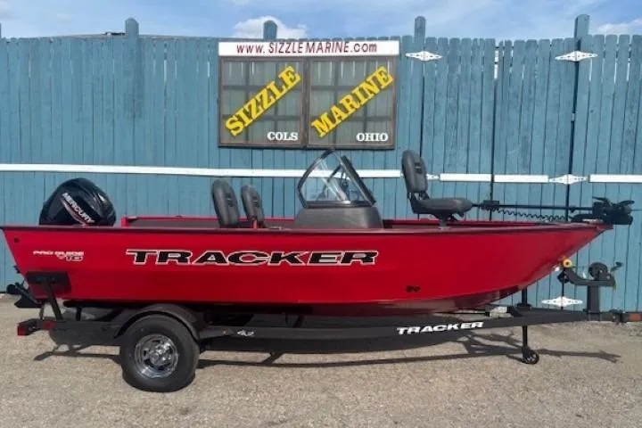 The Image of 2026 Tracker Pro Guide V-16 WT boat in red, displayed at Sizzle Marine, Ohio. - 0