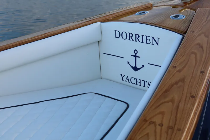 Slide: The Image of Luxury DORRIEN YACHTS 160T 1/1, 2025 model, featuring elegant wood and white upholstery. - 8
