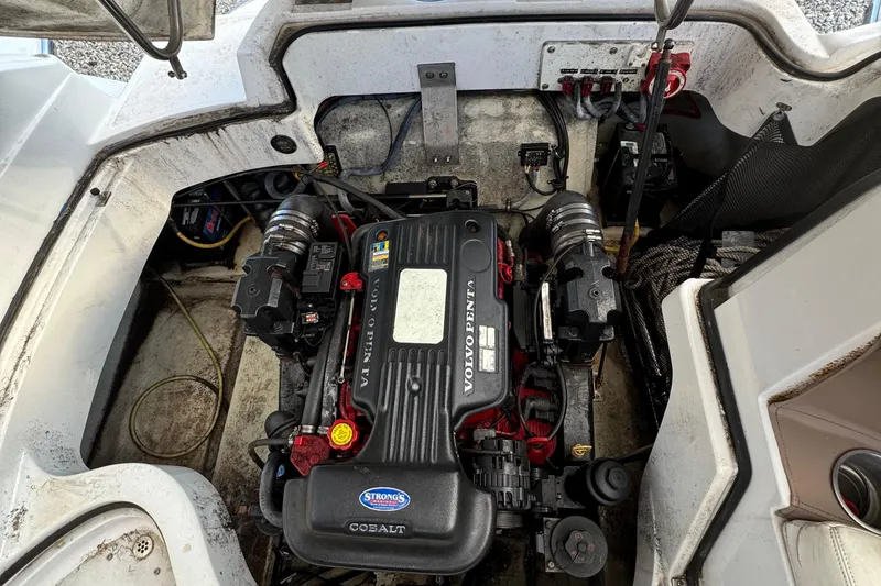 Slide: The Image of 2008 Cobalt 252 boat engine compartment with Volvo Penta engine. - 16