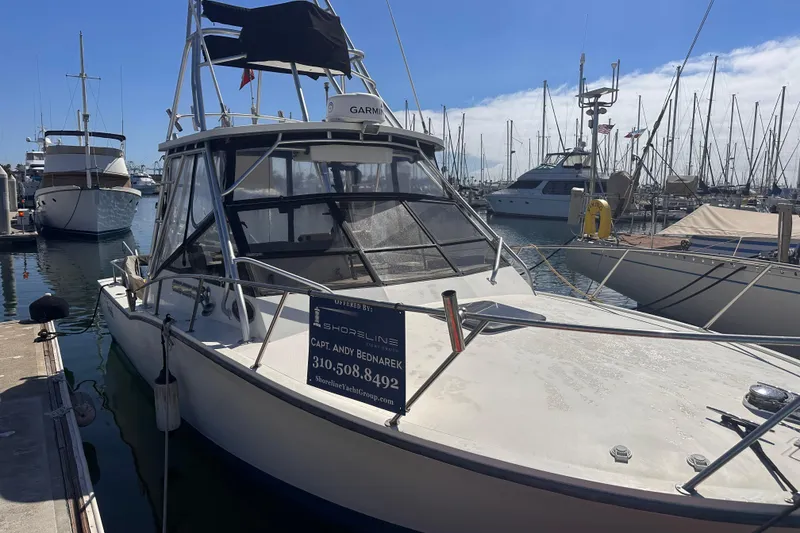 Slide: The Image of 2004 Carolina Classic Express Cabin Cruiser docked at marina, surrounded by other boats. - 14
