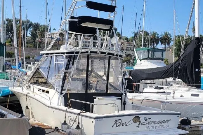 Slide: The Image of 2004 Carolina Classic Express Cabin Cruiser docked in marina, featuring tower and fishing gear. - 2