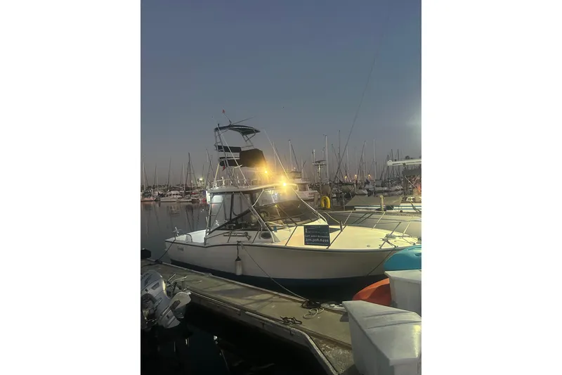 Slide: The Image of 2004 Carolina Classic Express Cabin Cruiser docked at marina during twilight. - 3