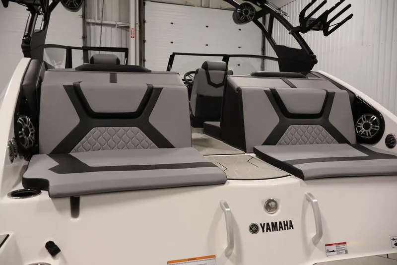 Slide: The Image of 2026 Yamaha Boats 222XE interior with sleek gray seating and modern design. - 40