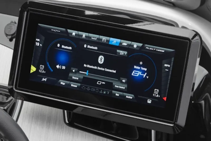 Slide: The Image of Touchscreen display of 2026 Yamaha Boats 222XE showing Bluetooth and water temperature settings. - 49