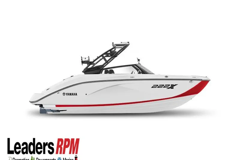 Slide: The Image of 2026 Yamaha Boats 222XE, sleek white and red design, side view. - 46