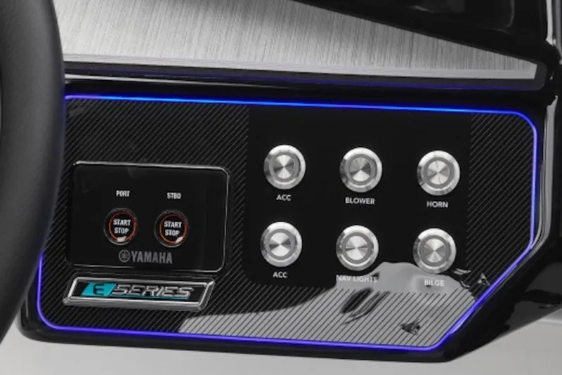 Slide: The Image of Dashboard controls of 2026 Yamaha Boats 222XE, featuring start/stop buttons and accessory switches. - 51