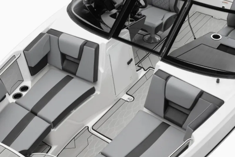 Slide: The Image of 2026 Yamaha Boats 222XE interior with sleek gray seating and modern design. - 47