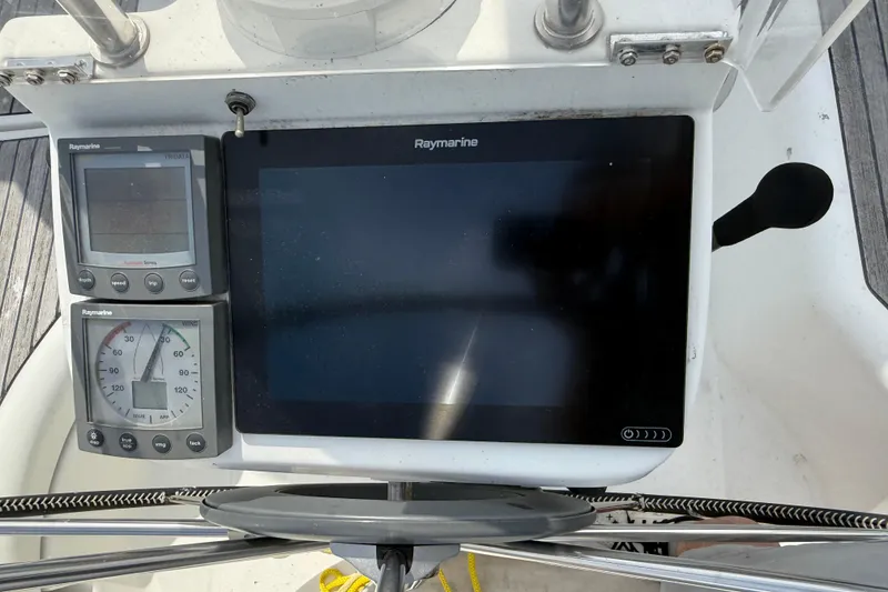 Slide: The Image of Beneteau Oceanis Clipper 361 cockpit with Raymarine navigation instruments, 2003 model. - 10