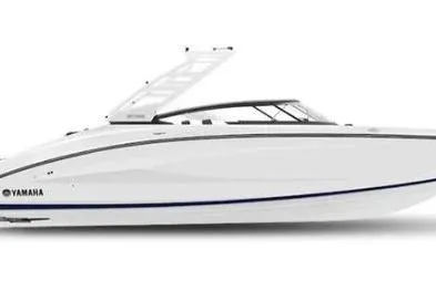 Slide: The Image of 2025 Yamaha Boats 252S, sleek white design, side view with open canopy. - 48