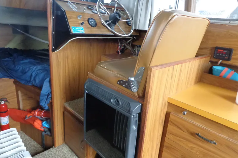 Slide: The Image of 1976 Tolly sedan interior with wood paneling, steering wheel, and cozy cabin features. - 12