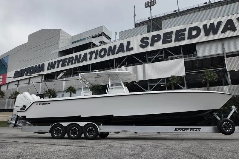 The Image of 2024 Contender 39 ST boat on trailer at Daytona International Speedway. - 0