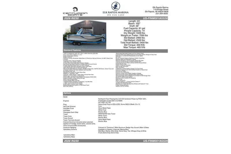 Slide: The Image of 2026 Centurion Ri 230 boat specifications and features, Elk Rapids Marina, detailed options and standard features. - 13