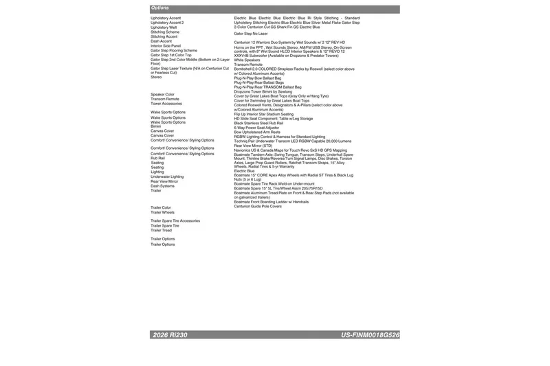 Slide: The Image of 2026 Centurion Ri 230 options list with detailed specifications and features. - 14