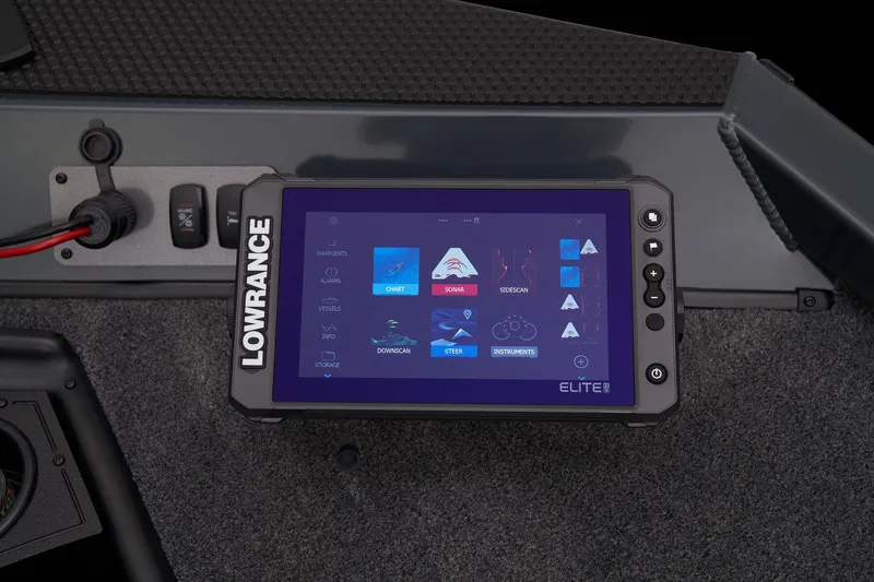 Slide: The Image of Manufacturer Provided Image: Lowrance Elite fishfinder on 2025 Ranger RT178 boat dashboard, displaying navigation and sonar options. - 29