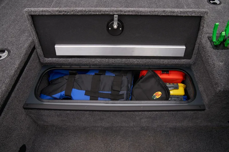 Slide: The Image of Manufacturer Provided Image: Storage compartment in 2025 Ranger RT178 boat with life jacket and gear. - 38