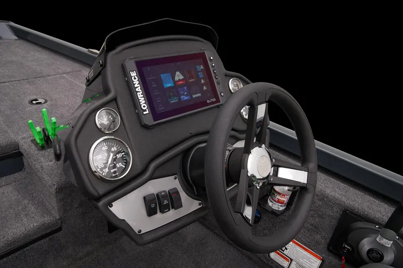 Slide: The Image of Manufacturer Provided Image: 2025 Ranger RT178 boat dashboard with steering wheel and Lowrance display. - 40